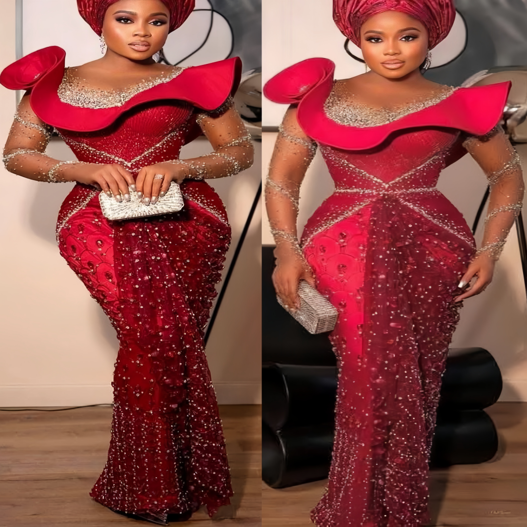 Aso Ebi Sheath Dark Red Prom Dresses 2026 Beaded Crystals Sequined Evening Formal Party Second Birthday Engagement Gowns Plus Size Dress For Special O