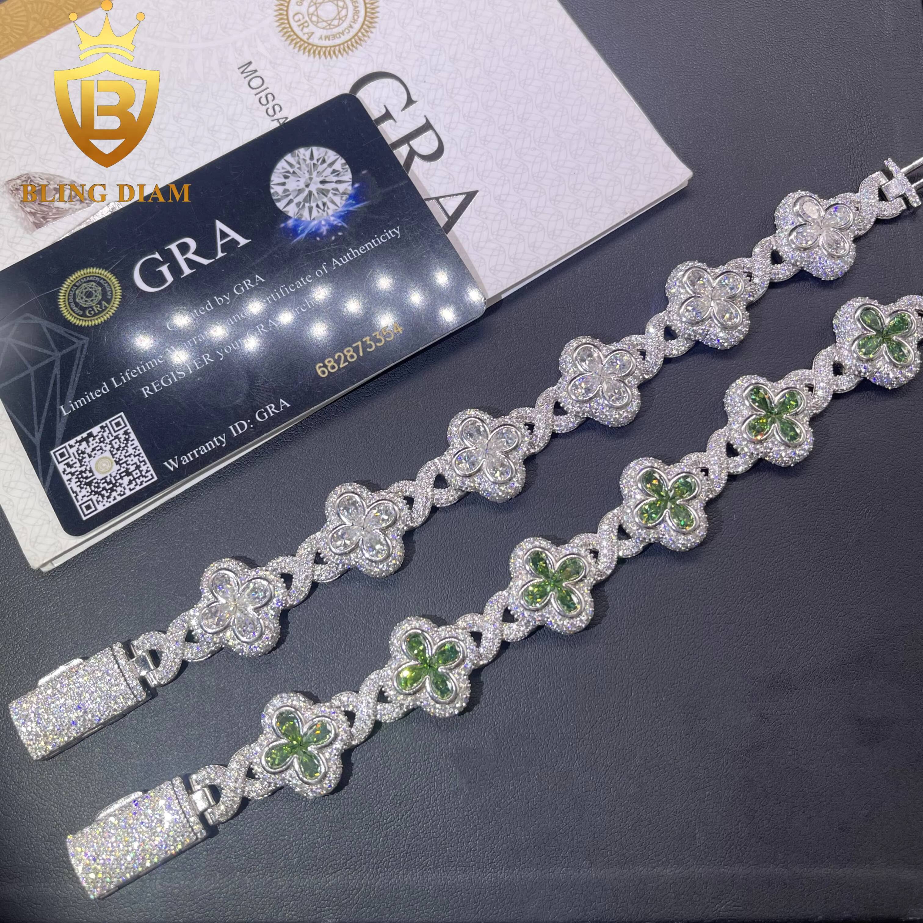 Iced Out Bracelet 4 Leaf Clover Flower 925 Sliver Fine Jewelry 18mm Green Stone Vvs Pear Cut Moissanite Gra Certificate