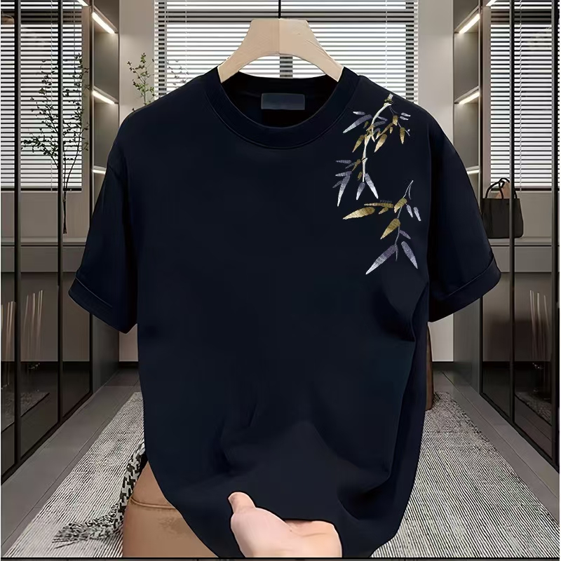 Advanced Jacquard T-shirt men's fashion brand summer plus size heavy short sleeve American high street five and a half sleeves.#01