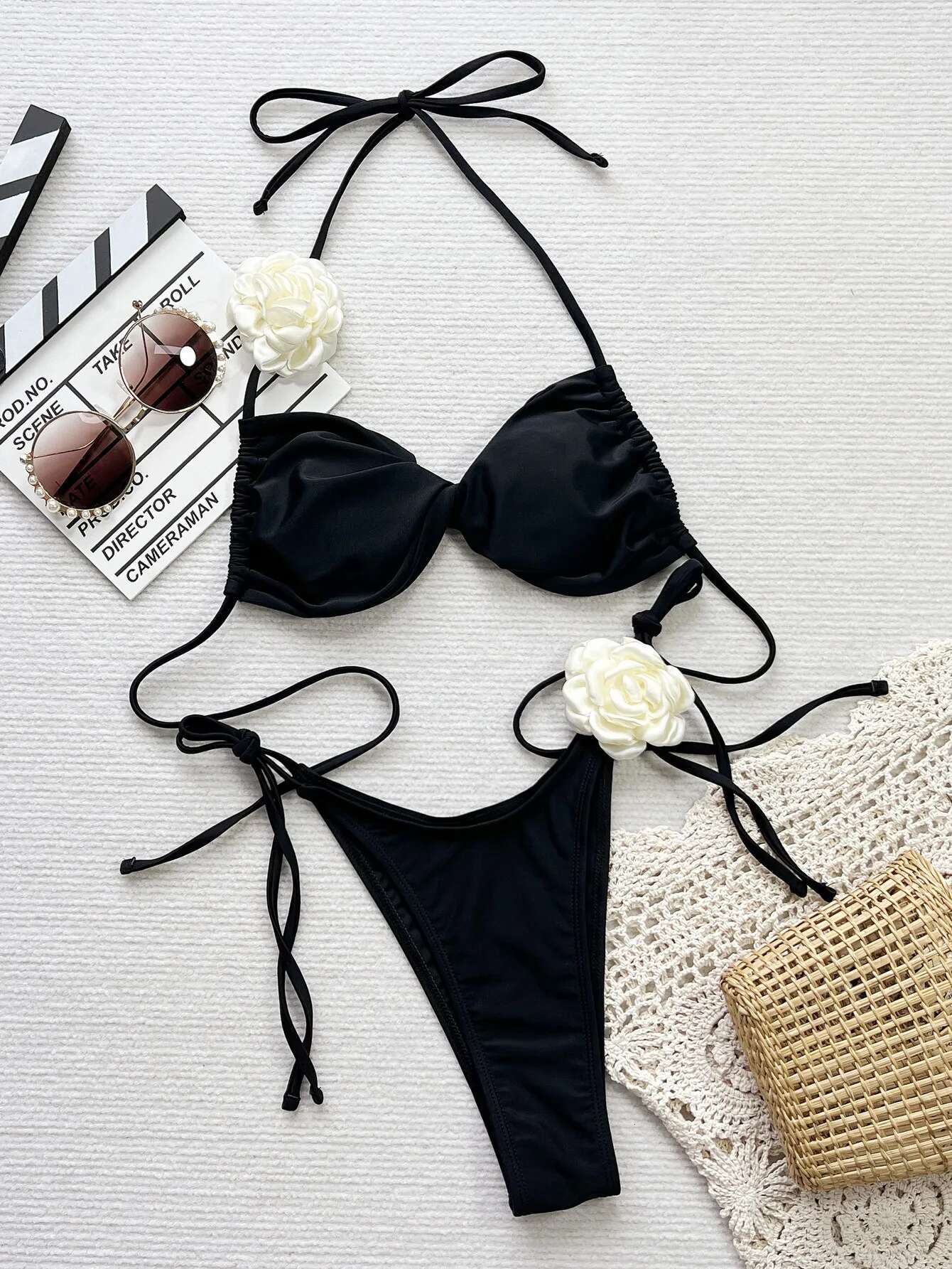 Dongdumaoyi Sexy D Flower Bikinis Sets Women Black Pleate Push Up Rose Swimsuit Beach Bathing Suit Tie Side Thong Swimwear Biquini