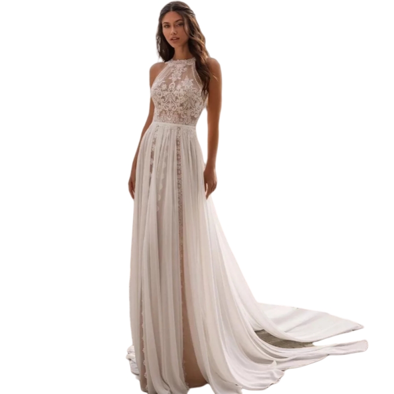 Sexy Illusion Backless Boho Beach Wedding Dress in Ivory Chiffon - Sleeveless Lace Applique A-Line Bridal Dress with Nude Liner