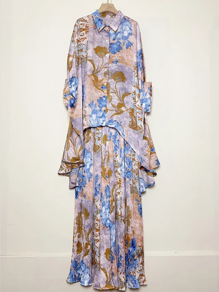 Summer Womens Retro Geometric Printed Loose Irregular Shirt Two Piece SetElastic Waist Drop Fold Wide Leg Mens Set 250407