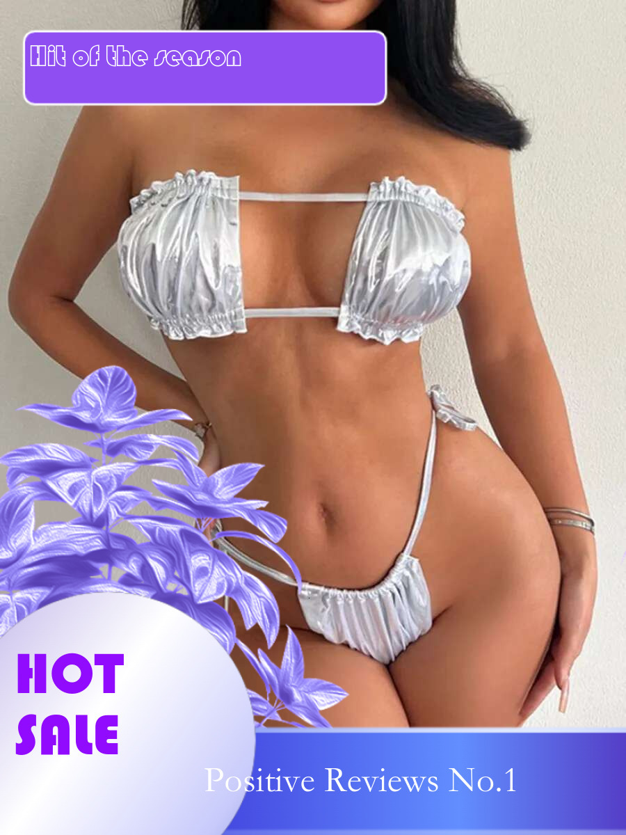Dongdumaoyi Sexy Bandeau Bikini Women Silver Brozing Pleate Cut Out Push Up Micro Swimsuit Summer Bathing Suit Tie Side Thong Swimwear