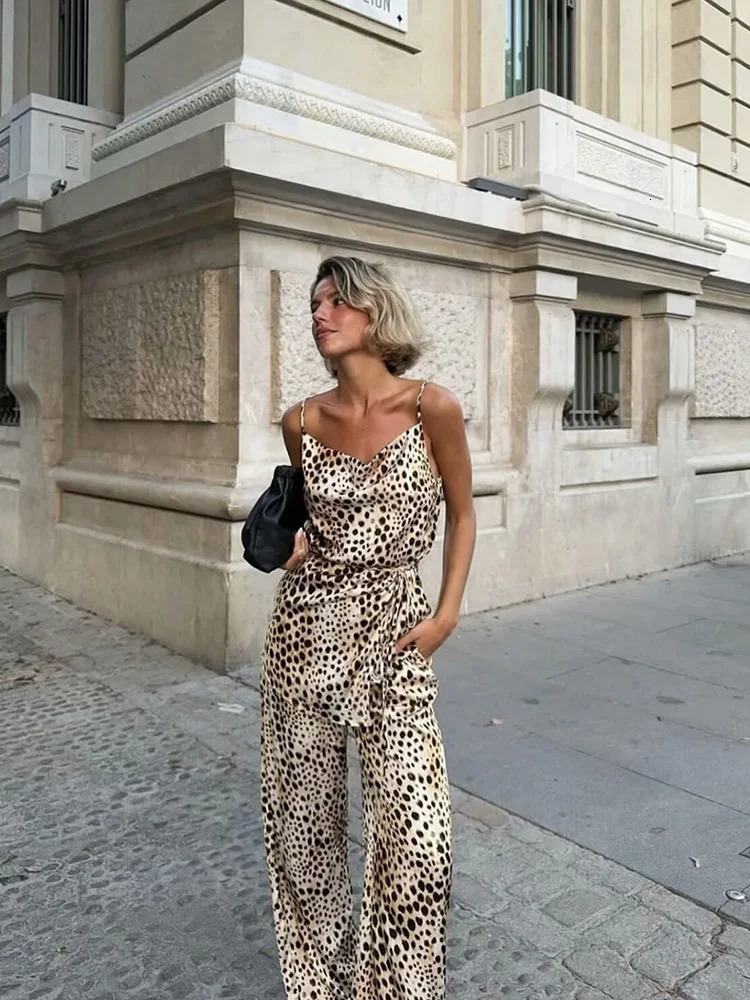 TRAF Womens Animal Printed Tie Embossed n Cami TopHigh Waist Wide Leg Straight Pants Fashion Two Piece Set 250407