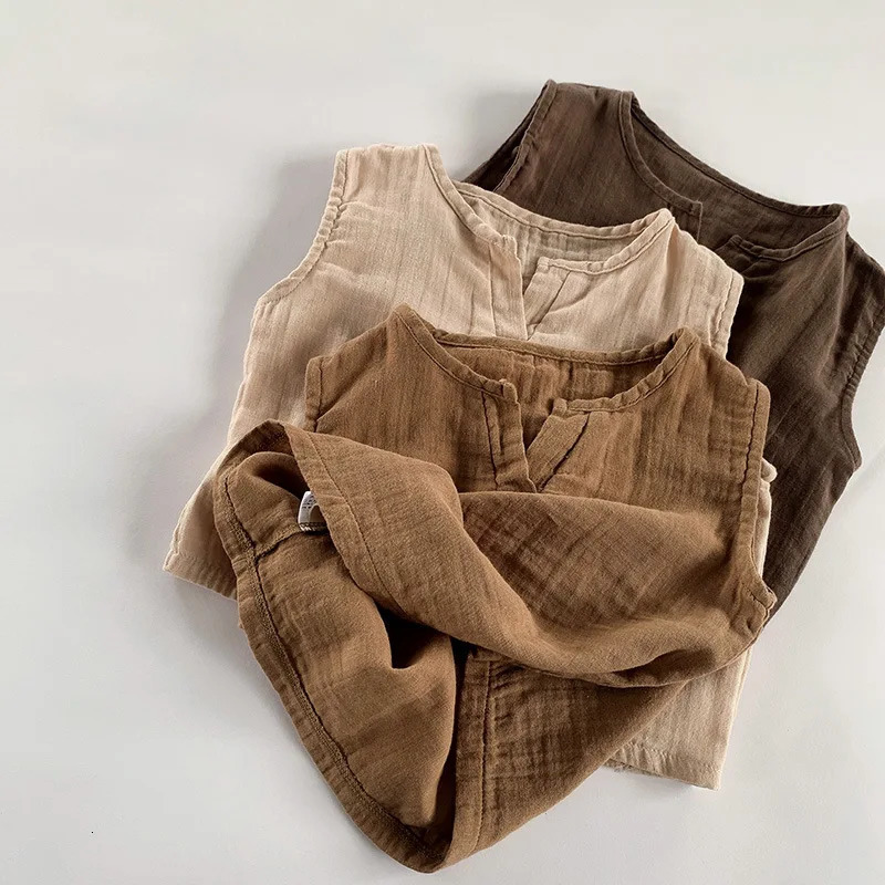 1-7Y Summer Baby Boys Girls Sleeveless T Shirts Korean Japan Fashion Toddler Kids Cotton Linen Tank Tops Casual Children Clothes 250407