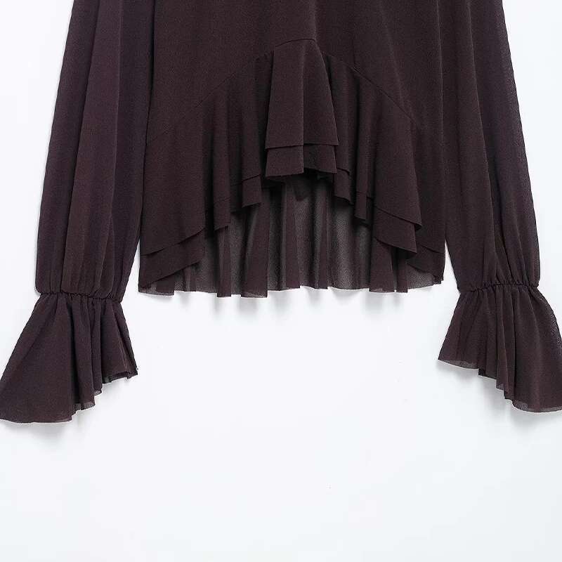 Willshela Women Fashion Brown Back Bow Lace Up Ruffled Pleated Pullover Blouse Vintage O-Neck Female Chic Lady Shirts