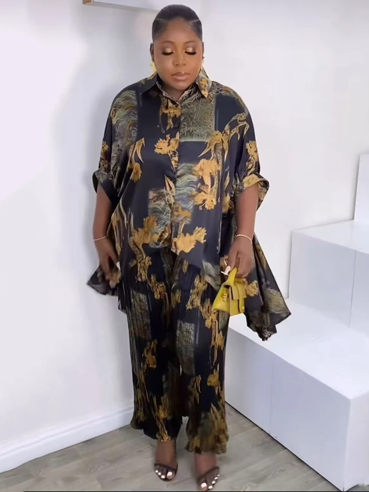 Retro geometric print loose irregular shirt twopiece set summer womens clothingpleated wide leg pants fashion 250407