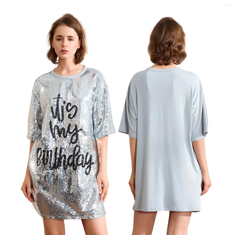 Women's T Shirts Combhasaki Women Glitter Sequined Loose Fit T-Shirt Dress Short Sleeve Round Neck Letter Print Oversized Tops Party