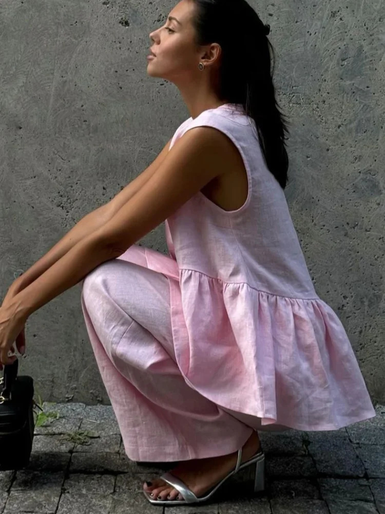 Loose pink cotton linen 2-piece womens summer special outfit sleeveless vest with high waist wide pants set 250401