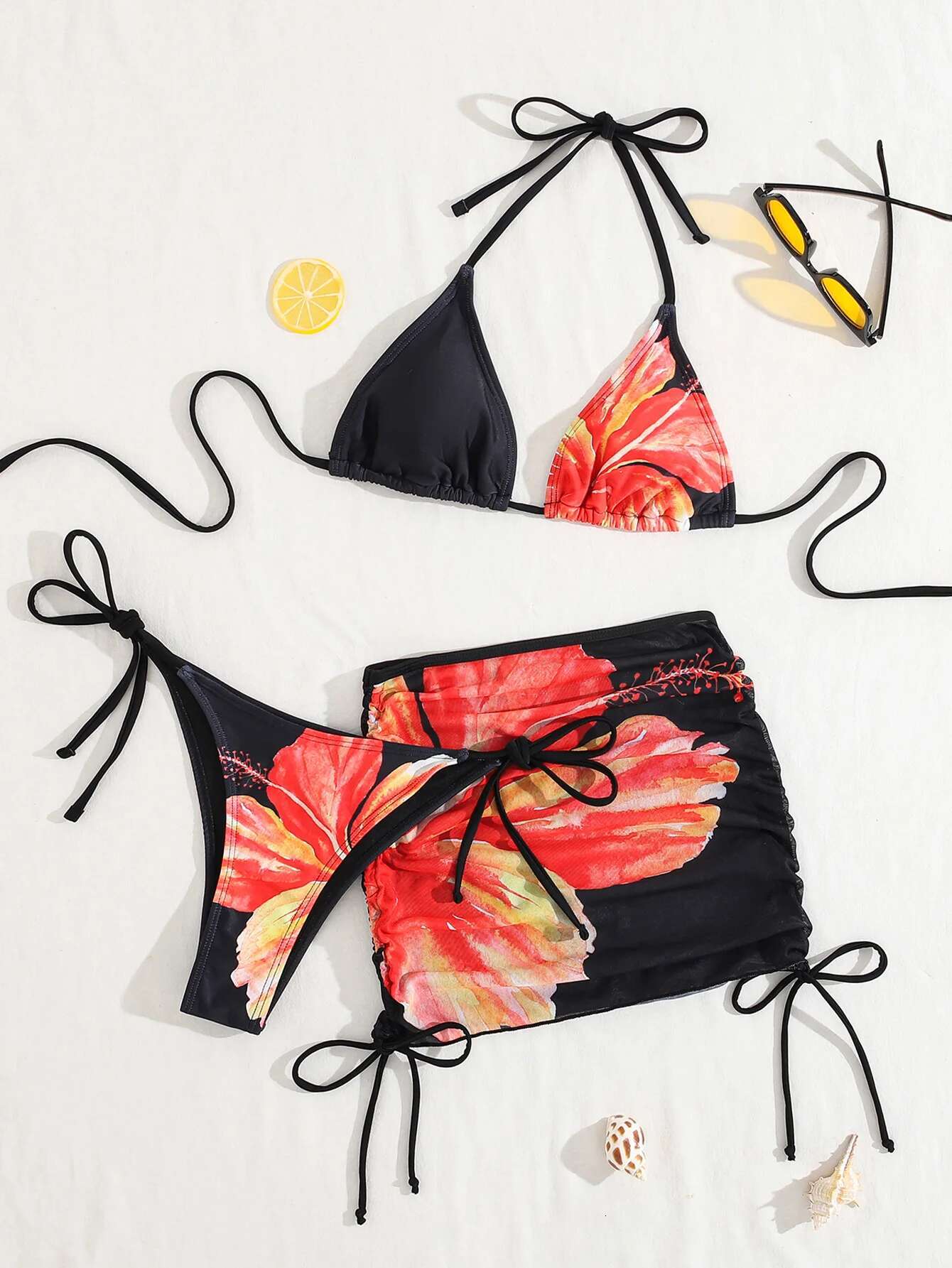 Dongdumaoyi Sexy Black Floral Print Bikini Set Women Drawstring Pleate Mesh Skirt Piece Swimsuit Summer Bathing Suit Holiday Swimwear