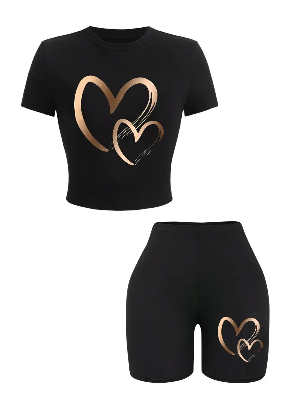 Summer womens slim fit T-shirt and shorts 2-piece set simple heart-shaped pattern printed crop top fashionable high elasticity soft clothing 250402