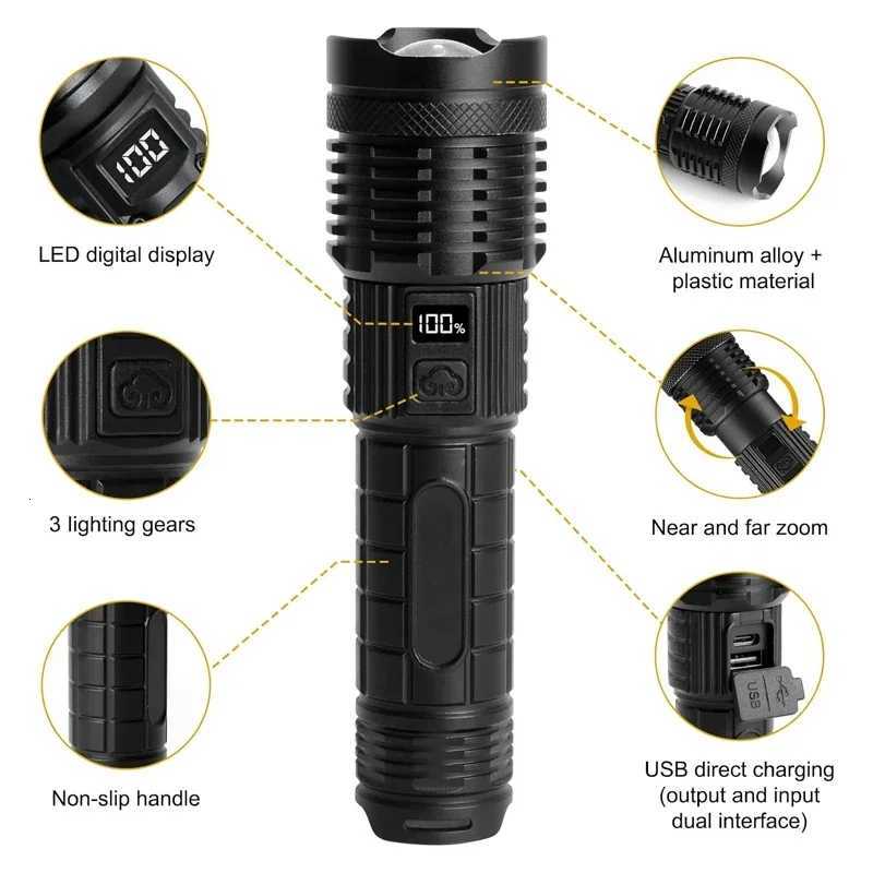 Rechargeable Flashlight with 1800 Lumens LED Display Adjustable Focus 5 Modes IPX4 Waterproof Portable Torchs for OutdoorW251106