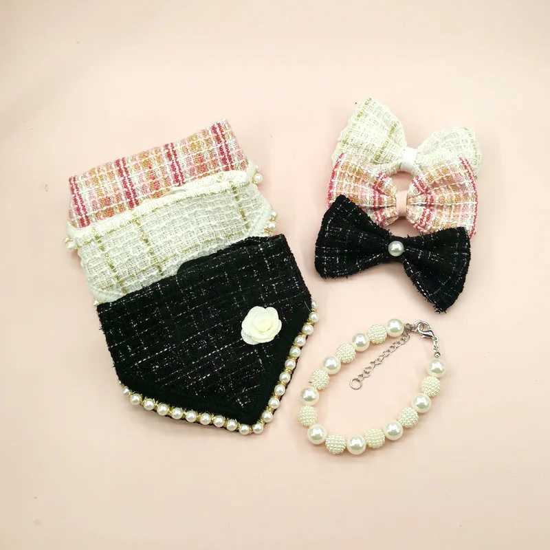 High Quality Pet pearl necklace dog bib cat supplies dog coarse cloth Saliva towel triangular scarf bow tie dog bandage pet accessories T250407
