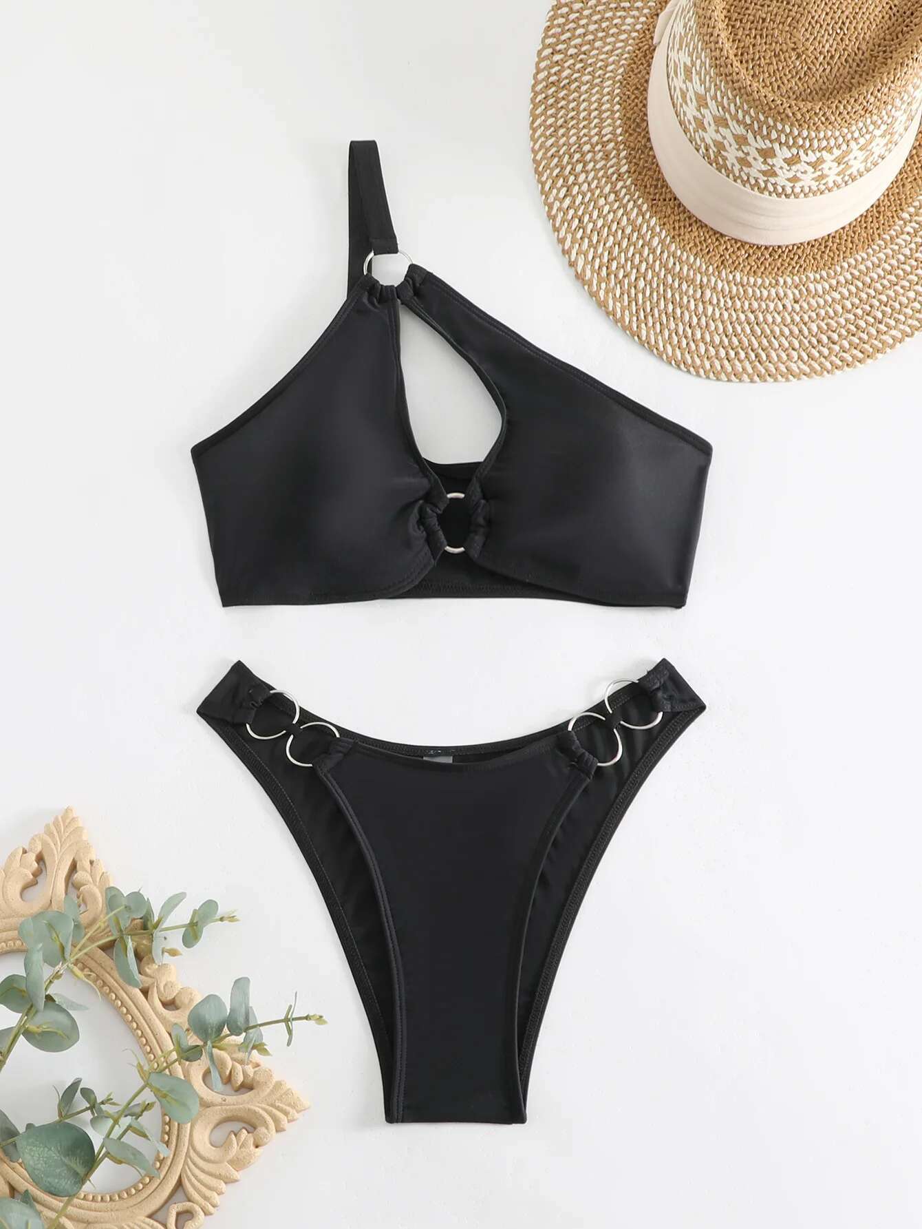 Dongdumaoyi Sexy One Shoulder Bikini Set Women Black Hollow Out Ring Linked Push Up Micro Swimwear Summer Bathing Suit Thong Swimsuit