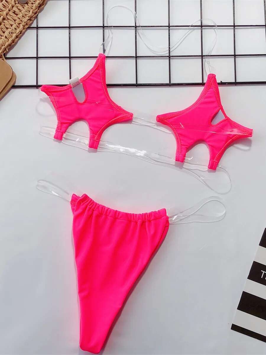 Dongdumaoyi Micro Bikini Women Clear Strap Push Up Bra Neon Yellow Gold Transparent Swimsuit Triangle Bather Thong Swimwear Biquini