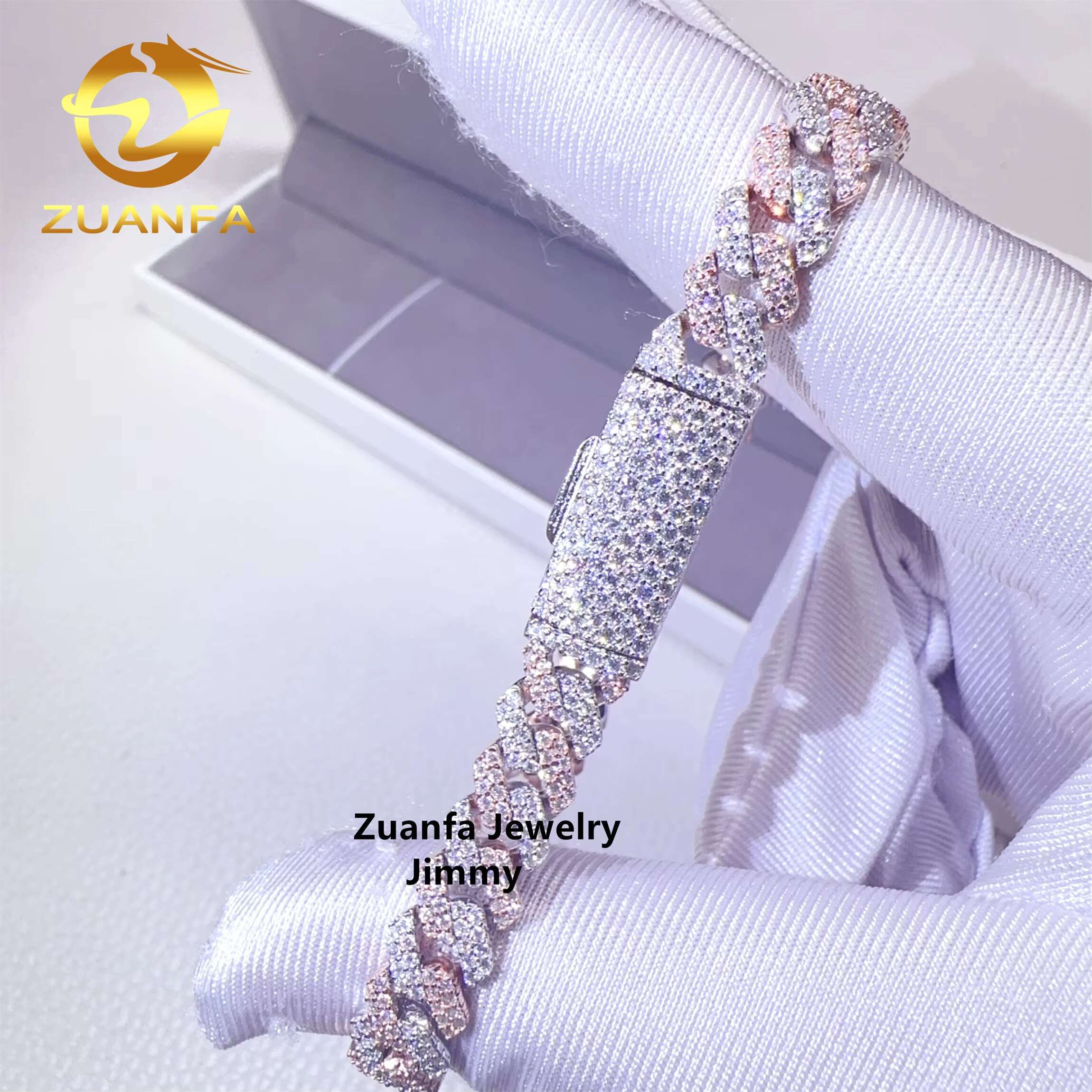 Two Tone Color 8mm 2 Rows 925 Solid Silver Iced Out Hip Hop Jewelry VVS1 Moissanite Diamond Cuban Link Chain Bracelet Men
