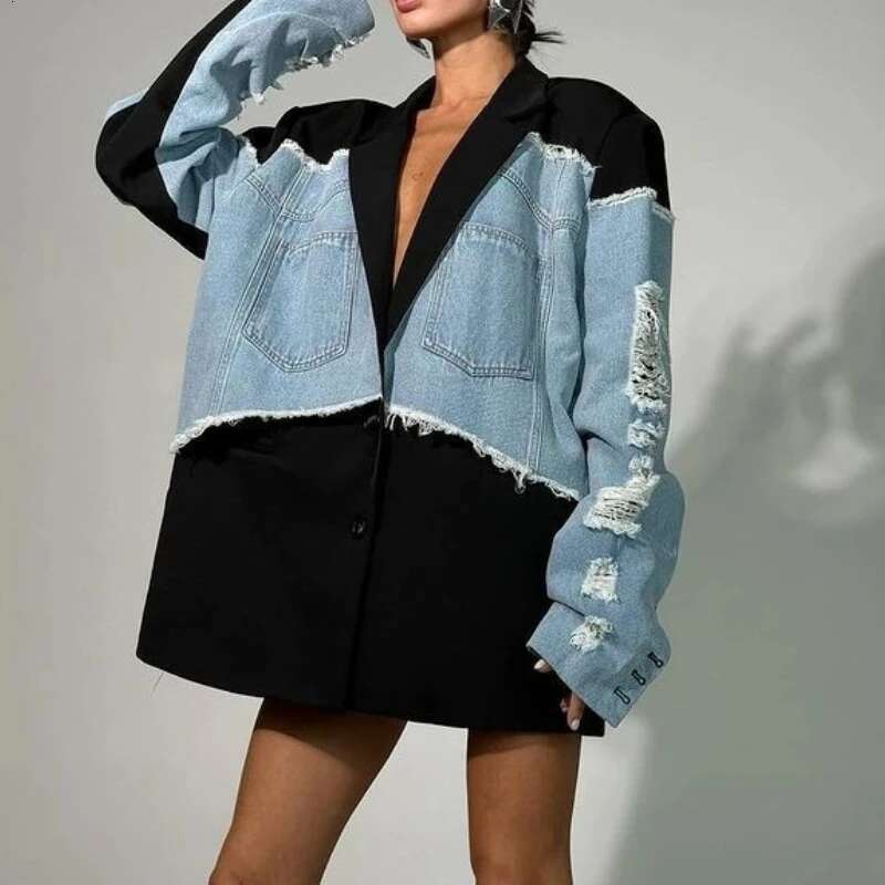 Women Denim Jeans Coats Suit Holes Loose Long Sleeves Y2k Streetwear Coat Color Blocking Jacket 2025 Spring Jackets Vintage