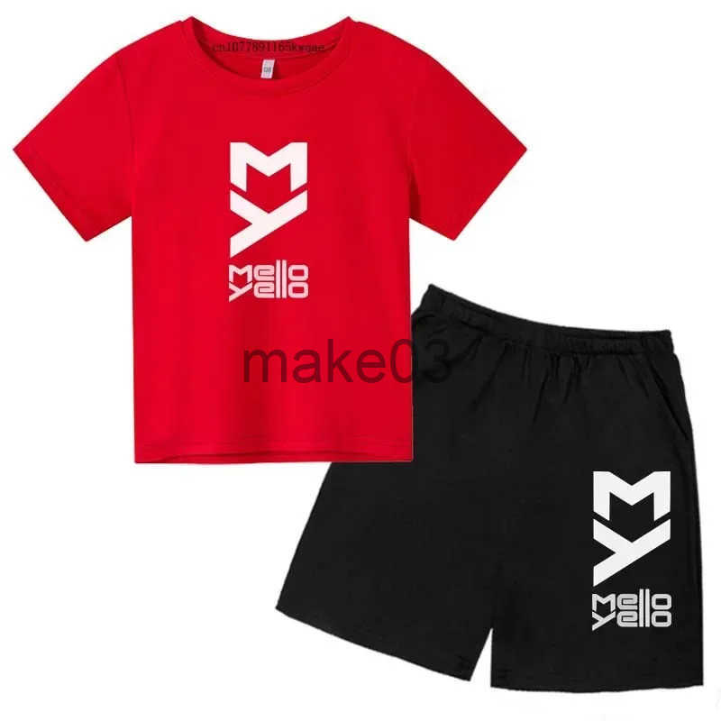Childrens summer printed 2-piece T-shirt+2-piece short sleeved sports suit boys and girls aged 2-13 casual clothing for childrens set J250403