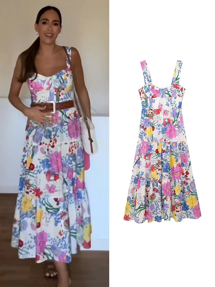 TFMLN Summer Holiday spaghetti strap dress womens fashionable floral print beach vacation Midi Vestitos Camisol 250313