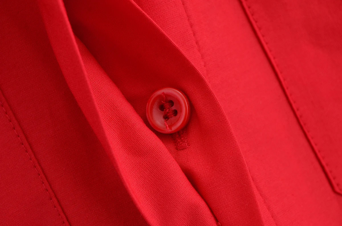 Spring and summer womens clothing temperature red bow decoration lapel short sleeved poplin shirt style MIDI dress 250407