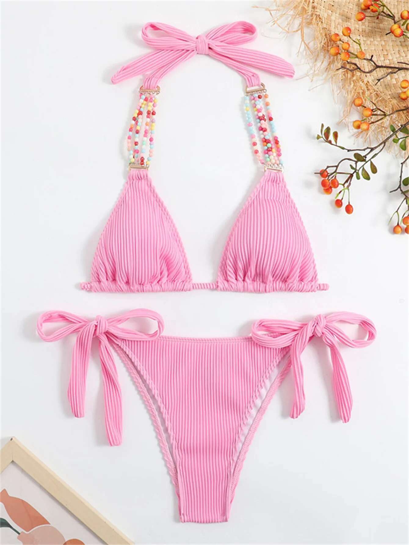 Dongdumaoyi Sexy Colored Pearl Chain Bikini Set Women Pink White Ribbed Push Up Tie Side Thong Swimsuit Bathing Suit Two Piece Swimwear