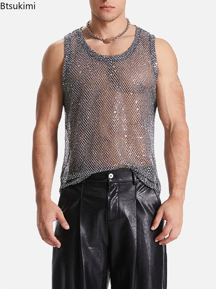 Sexy Mens Hollow Out Mesh Tank Tops Fashion Sequin Woven Casual Sleeveless Vest Tops 2025 See Through Streetwear Male Waistcoat 250407