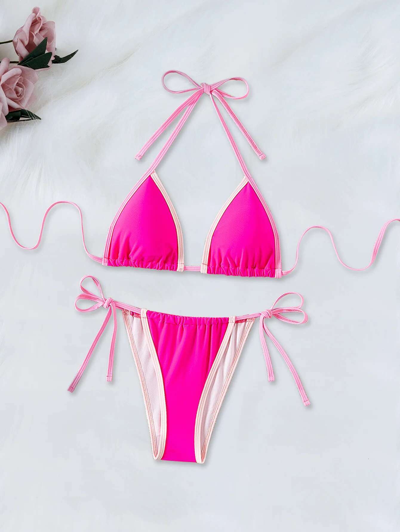 Dongdumaoyi Sexy Hot Pink Woman Swimsuits Contrast Push Up Bra Tie Side Thong Bikinis Brazilian Bathing Suit Micro Swimwear Biquini