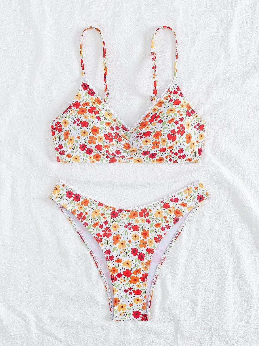 Dongdumaoyi Sexy Orange Floral Print Bikini Mujer Women Ruffles Pleate Push Up Micro Swimsuit Beach Holiday Bathing Suit Thong Swimwear