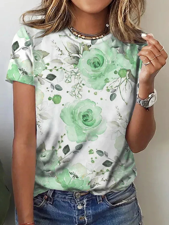 Womens Street Fashion Tshirt Flower 3D Printed Short Sleeve Daily Edition Casual Loose Round Neck Top Clothing 250407