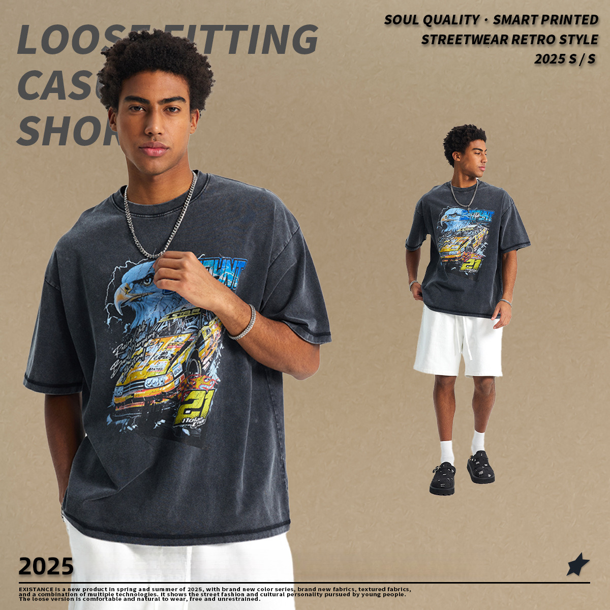 2025 Summer High Street Trendy Brand Loose Small Collar Wax Printed Sleeves, Made Old, Washed Men's Short T-Shirts