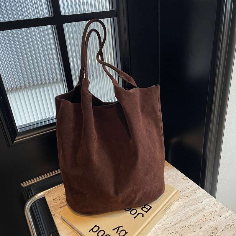 Suede Sewing Thread Retro Women's Shoulder Bags Zipper Versatile 2024 New Solid Colors High Capacity Casual Tote