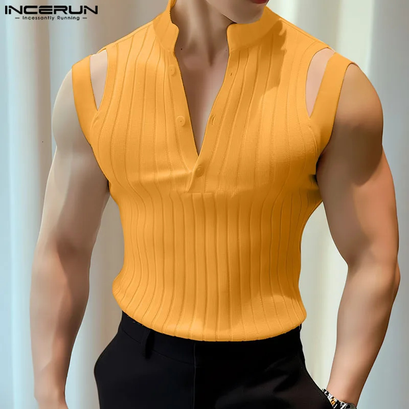 INCERUN Mens Tank Top Solid Color V-neck Sleeveless Hollow Knitted Mens Street Tank Top Fashion Casual Mens Wear 250403