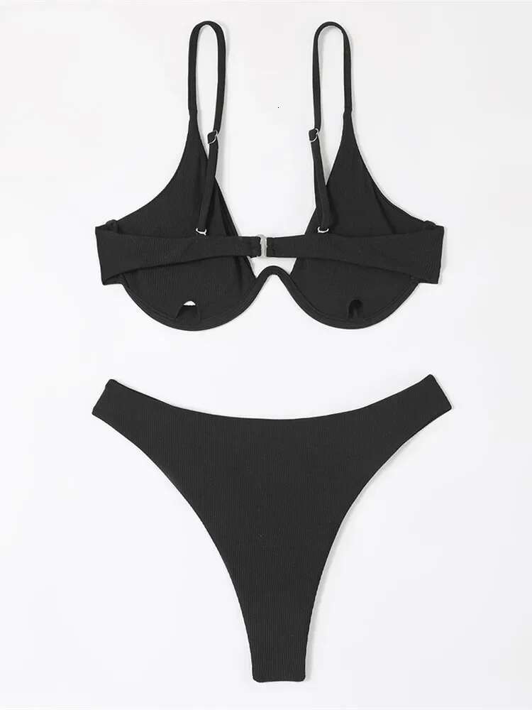 Dongdumaoyi Sexy Underwire Bikini Women Black White Ribbed Push Up Micro Swimsuit Brazilian Hollow Out Bathing Suit Thong Swimwear