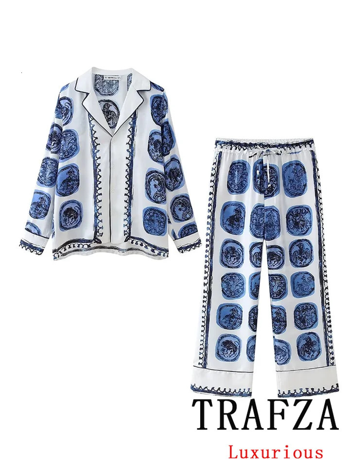 TRAFZA Retro Casual Printed Womens Set Single Chest Vneck ShirtLoose Wide Leg Pants Fashion Autumn 250313