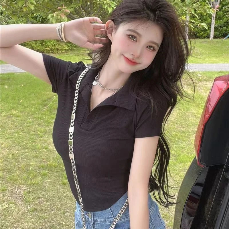 Korean clothing lapel short sleeved Tshirt womens summer girl solid color casual top 250407