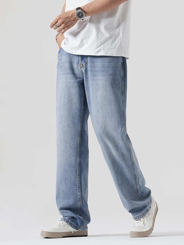 Korean fashion mens casual bag jeans comfortable straight denim wide pants solid color Trouser streetwear 250401