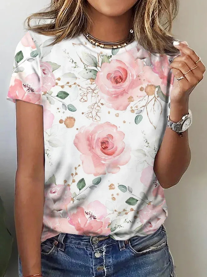 Womens Street Fashion Tshirt Flower 3D Printed Short Sleeve Daily Edition Casual Loose Round Neck Top Clothing 250407
