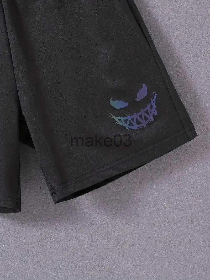 Boys 2-piece T-shirt and elastic waist shorts Happy Face Print short sleeved top casual set summer childrens clothing J250403