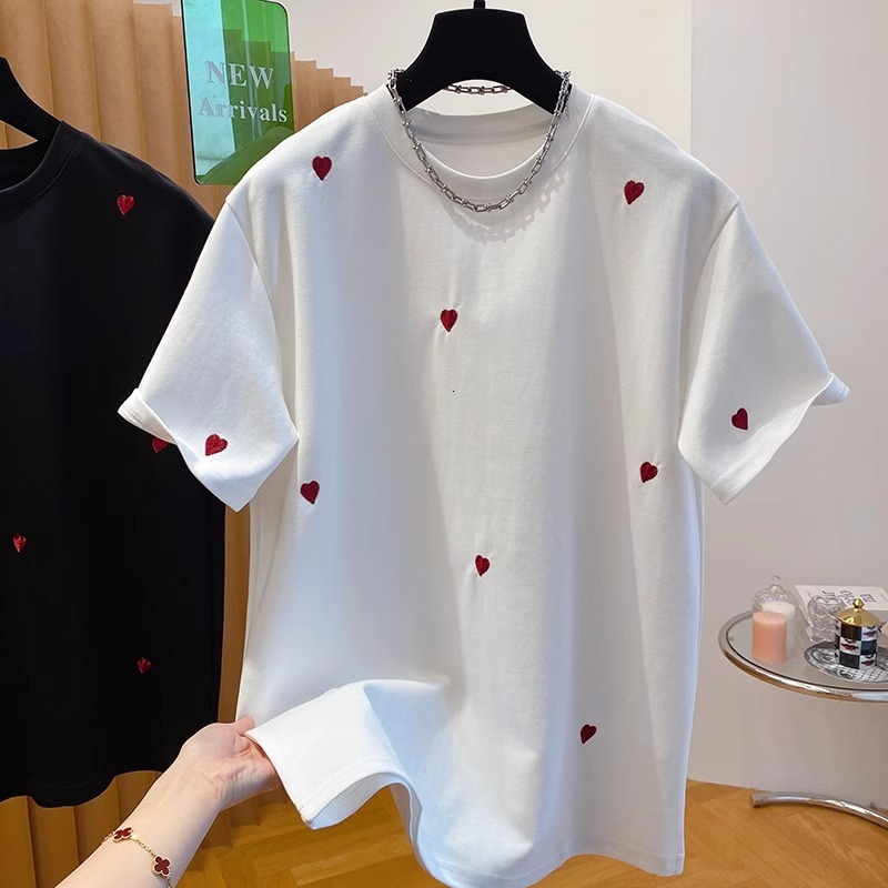 2025 Womens Designer Clothing European Style High-end Heart Embroidered T-shirt Short Sleeves New Loose Fitting Interior With Pure Cotton Base Top For
