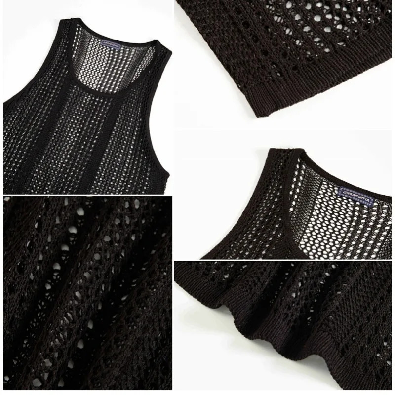 American style mens solid hollow O-neck casual vest street clothing selling sleeveless vest 250403
