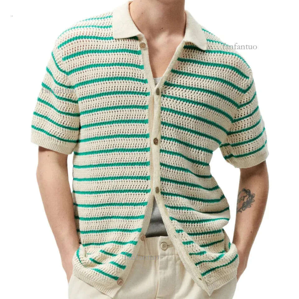 Mens Crochet Knit Polo Shirt Summer Knitted Sweater Striped Woolen Casual POLO Shirt Lapel Button Tshirt 240601