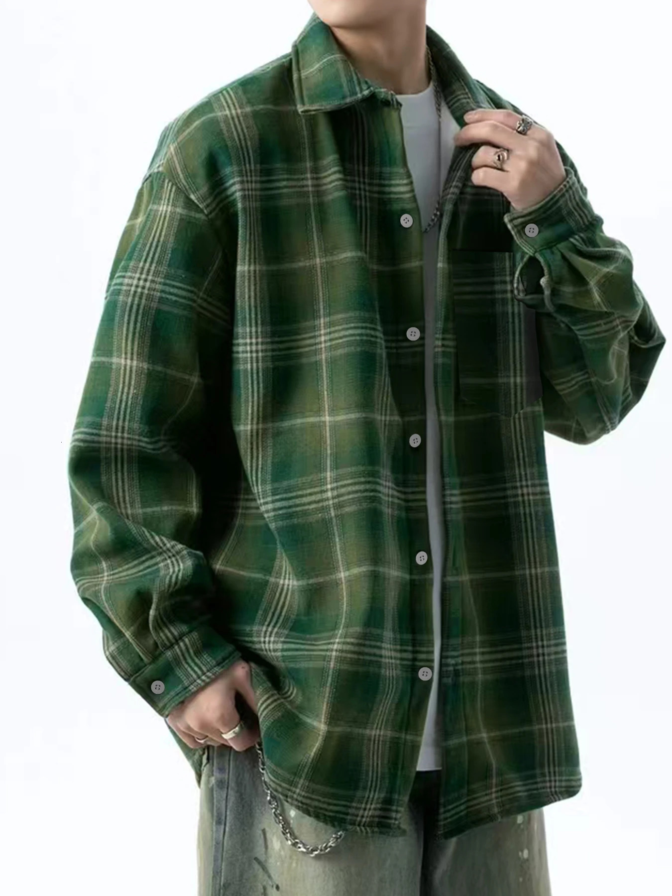 Retro green plaid shirt mens long sleeve spring and autumn loose casual coat 250226