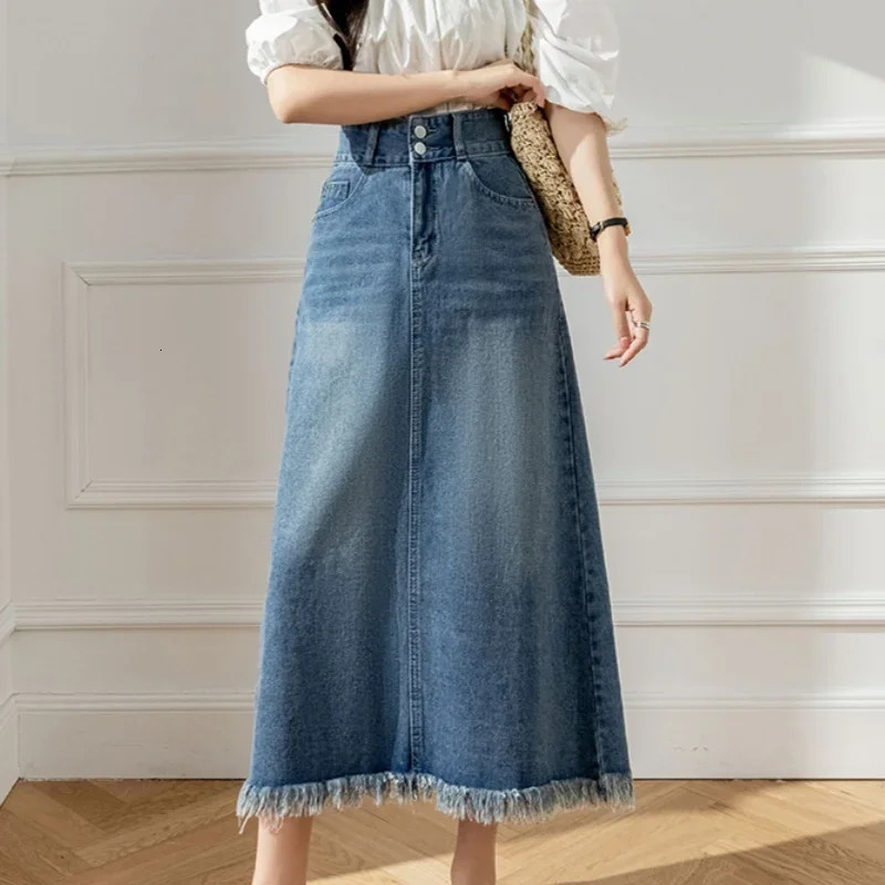Seoulish Retro Blue Denim Skirts for Women 2025 Spring Summer Elegant High Waist Tassel Pockets Medium Length A-line Skirt 250407