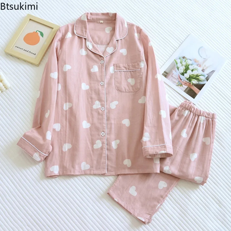 100% Cotton Gauze Pajamas for Women Love Heart Print Sweety Sleepwear Spring Autumn Nightwear 2 Piece Sets Women Loungewear 250402
