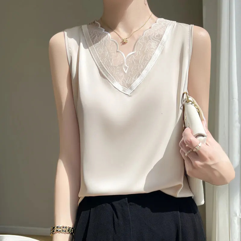 Elegant lace Vneck womens sleeveless Tshirt summer project acetic acid satin loose slimming 250407