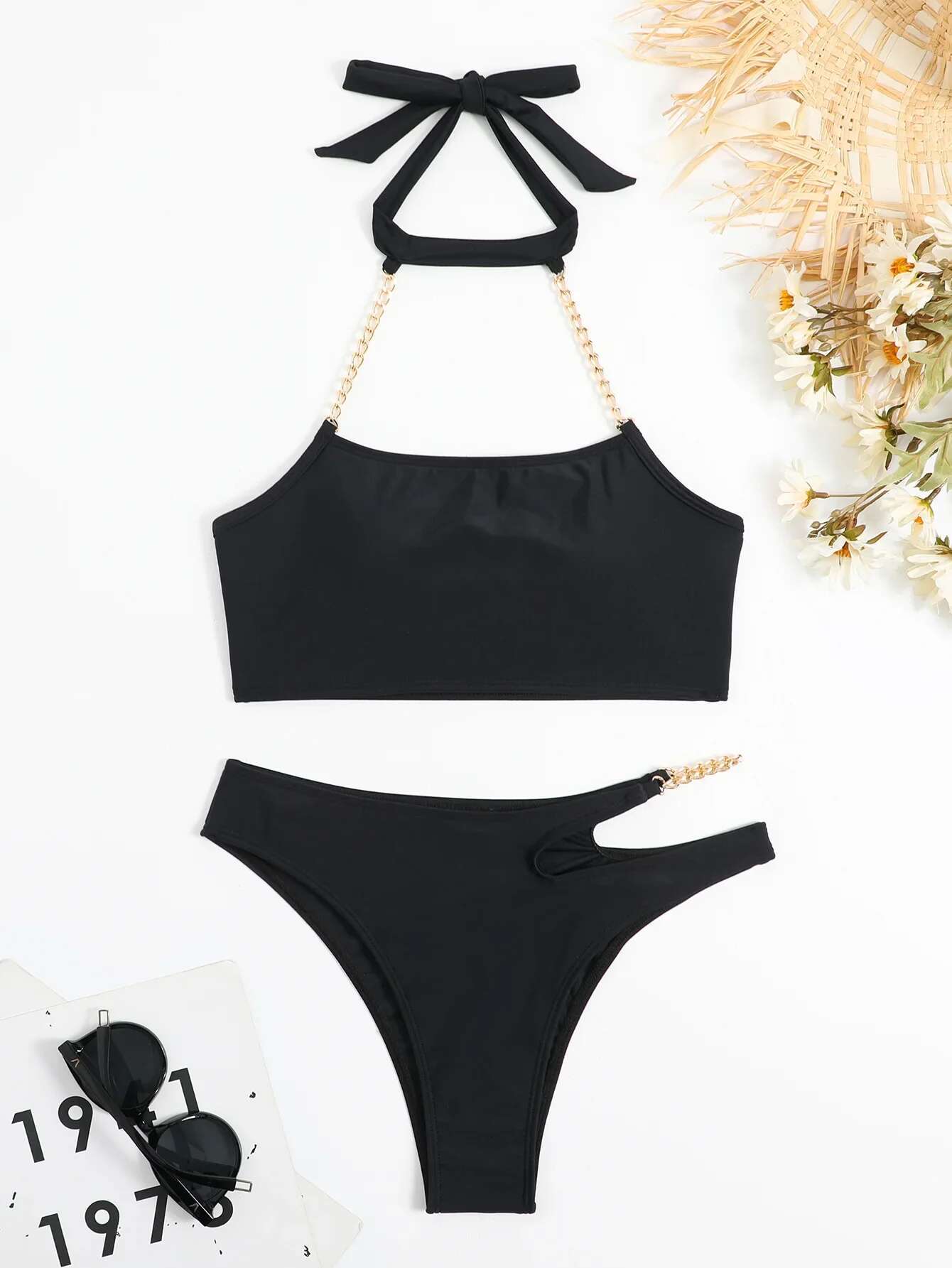 Dongdumaoyi Sexy Metal Strap Bikinis Sets Women Black Red Push Up Two Piece Swimsuit Bathing Suit Cut Out High Waist Swimwear Biquini