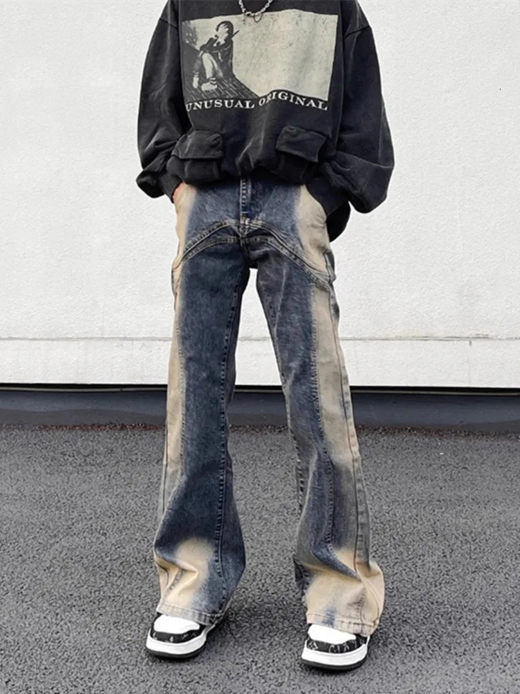 Cyber Y2K Streetwear Tie Dye Patch Work Bag Flash Jeans Mens Retro Blue Old Denim Trouser Ropa Hombre 250403
