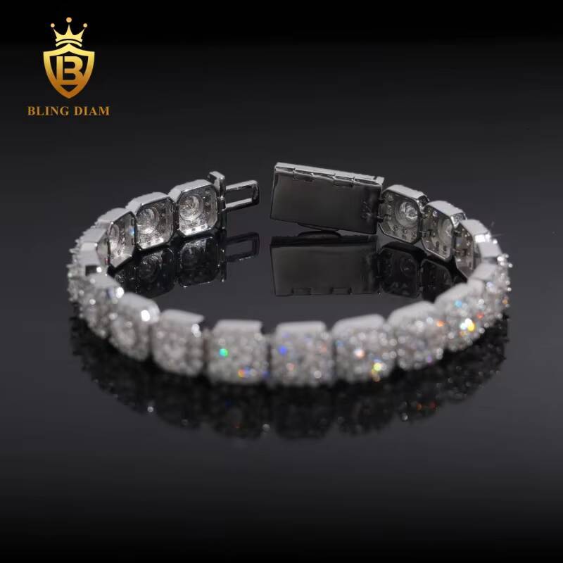 Hip Hop High Quality Fashion 10mm 925 Sterling Silver Moissanite Cluster Tennis Chain Cuban Bracelet