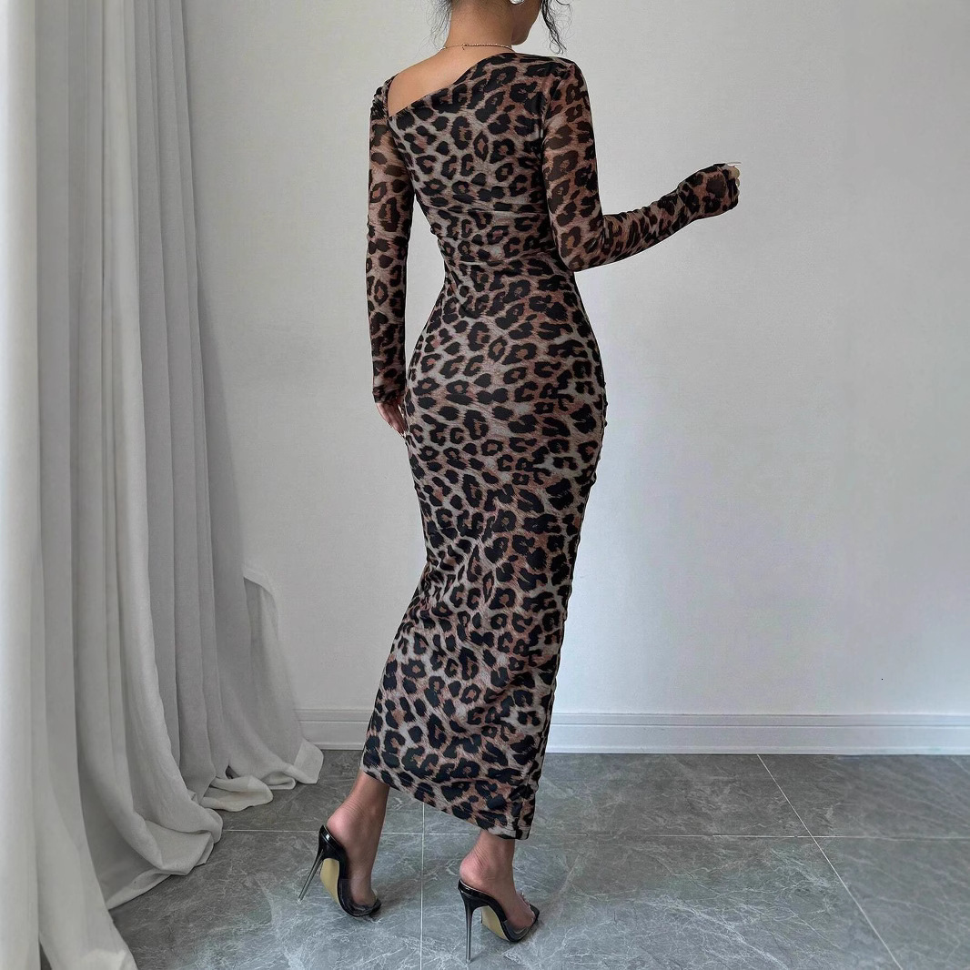 Leopard Print Round Neck Sexy Bodycon Long Dress For Women Long Dress Backless Summer Dresses Spring Autumn Party Club Vestidos 240819