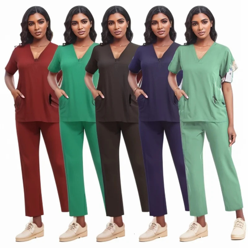 Multicolour Jogger Suit Nurse Scrubs Set Clinical Clothes Doctor Nursing Uniforms Short Sleeve V-neck Tops Pocket Pants 250402